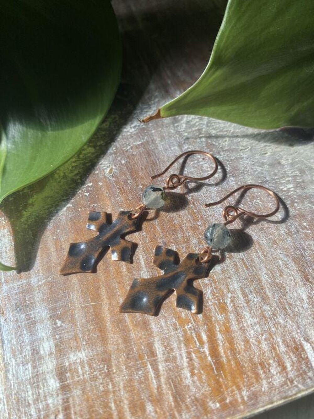 Moss Agate Copper Cross Earrings